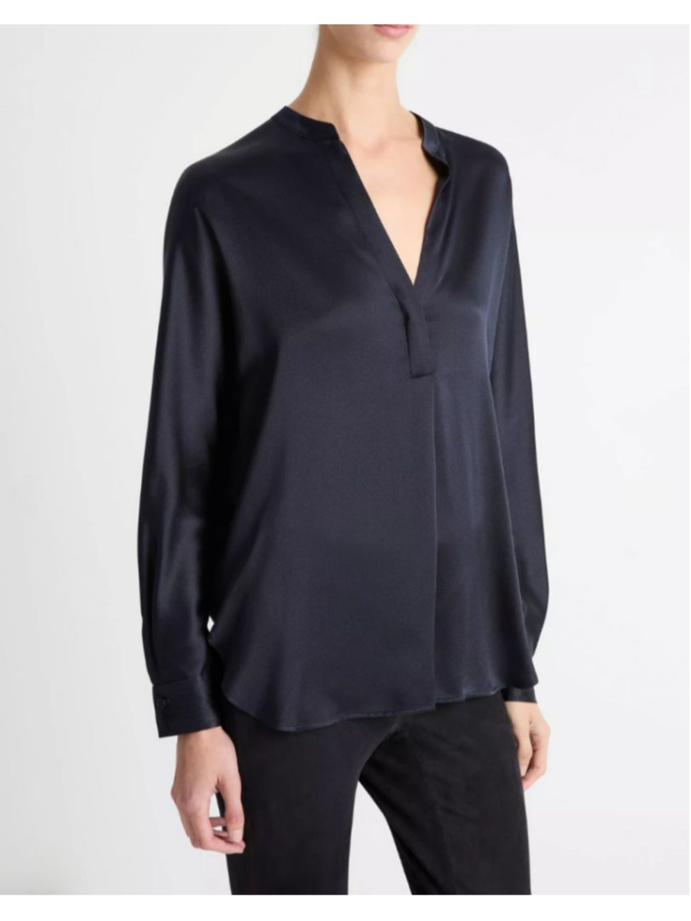 VINCE Navy Silk Banded Collar Blouse Tunic Size L